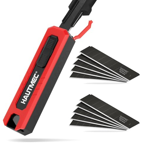 HAUTMEC 10PC 25mm Utility Knife Blades – SK2H Steel Snap Off Blades for Box Cutter, Rustproof Black Finish with Recycling Storage Box – for Demolition Crews, Flooring Installers, Roofers 25009
