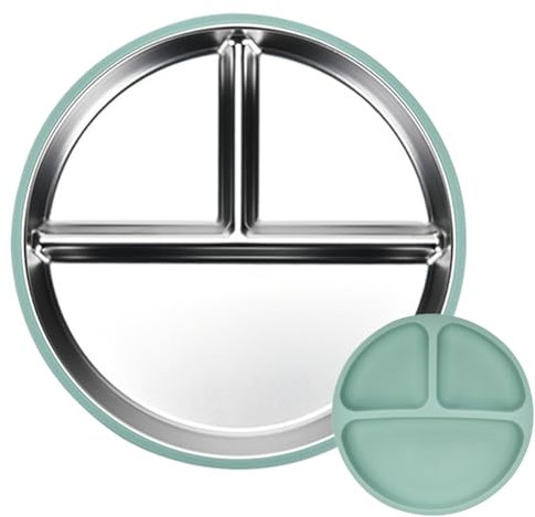 Generisch Edelstahl Teller Baby, Baby Teller Mit Saugnapf, Kinderteller Mit Saugnapf, Rutschfestes Babytablett Mit Drei Fächern Und Transparentem Deckel, Ein Guter Beim Babyessen