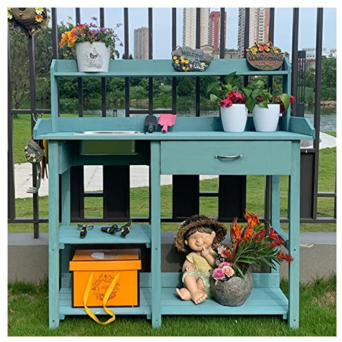 Banco da lavoro per giardinaggio con lavello rimovibile, ripiani portaoggetti e cassetto - Tavolo da invasatura versatile per piantare e organizzare le attrezzature da giardinagg (Blue-117x45x121cm)