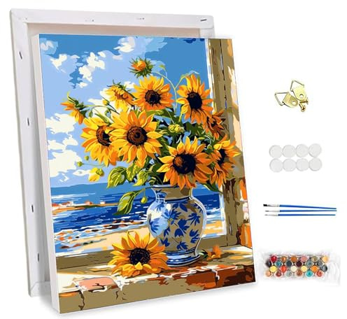 NEWENMO Girasol Pintar por Numeros Adultos con Marco,Hermosas Flores Pintura por Numeros Set,Kit de Pintura al Óleo para Adultos,DIY Paisajes Paint by Numbers Kits,para Decoración del Hogar 30x40cm