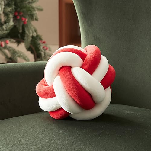 Sonvie Knot Ball Pillow Decorative Knotted Cushion, 22cm diametre red+white | Soft Round Throw Pillow Decorative for Couch, Sofa, Bedroom, Living Room
