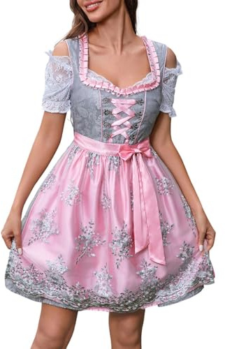 Dirndl Damen Midi - Trachtkleid Damen Modern Dirndlkleid Rosa Elegant Bayerisches Kostüm Modern Trachtkleider Tracht Kleid Trachtenrock Trachten Kleidung Trachtenmode für Oktoberfest Anlässe