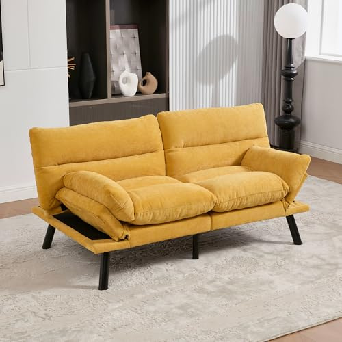 Bladez Sofá cama de 2 plazas con respaldo ajustable, tela chenilla, patas de metal, beige (mostaza + 2 asientos)