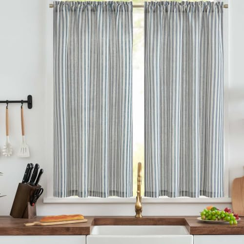 TOPICK Light Filtering Privacy Kitchen Cafe Curtains, W36xL54 Blue Striped | 2 Panels Rod Pocket Curtain, Linen Look Small Curtains for Living Room, Bathroom, Cupboard, Bedroom, Cupboard Base, Sink