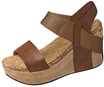 Minetom Sandalias Mujer Verano Plataforma Romanas Sandals Peep Toe Casual Gladiador Tacón De Cuña Planas Hebilla Zapatos Retro PU A Marrón EU 39