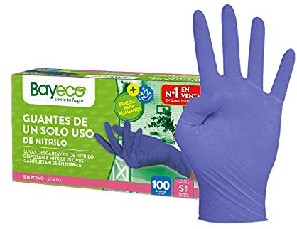 Bayeco – Gants en nitrile à usage unique – Bleu – Ambidextres – Bordure enroulée – Doigts texturés pour une meilleure prise en main – Lot de 100 – Taille S