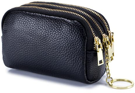 BAYINBROOK Porte-Monnaie en Cuir Triple Capacité, Petit Portefeuille Femme Mini Porte-Cartes Souple, Pochette à Fermeture Éclair avec Porte-Clés (Le Noir)