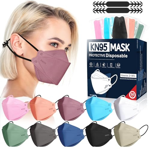 FENFEN KN95 Face Masks Disposable Adults - 50 Pack 5 Layer Protection Dust Breathable Comfortable Respirator Women KN95 Mask Individually Wrapped