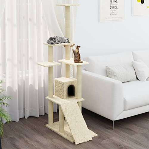 XIAOGUANG Arbre à chat avec colonne à gratter en sisal, mur d'escalade, arbres à chat pour chats, tronc à griffer, tendeur de plafond, crème 155 cm