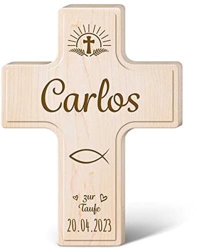 GRAVURZEILE Personalisiertes Holzkreuz mit Gravur - Zur Taufe - Personalisiert mit Namen & Datum - Holzkreuz für Kinder - Taufkreuz als Geschenk für Jungen & Mädchen - 19 x 14 cm