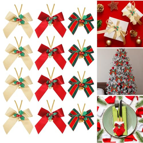 Amaxiu Weihnachtsschleifen mit Glöckchen, 12 Stück, 8 cm Weihnachtsbaumschleifen Weihnachtsschleife Mini Schleifenornament Weihnachtsbaum Hängeornament Weihnachtsbandschleifen(Gold, Rot, Grün)