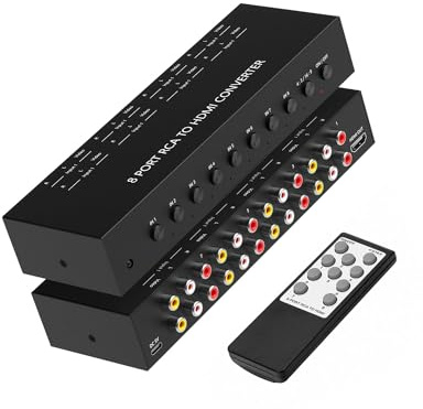8 Port RCA to HDMI Converter, Dual AV to HDMI Converter Supports 16:9/4:3 Composite to HD MI Adapter Support 1080P PAL/NTSC Compatible with Sega/Xbox/PS1/PS2/PS3/WII/N64/VHS, VCRs, and DVD Players
