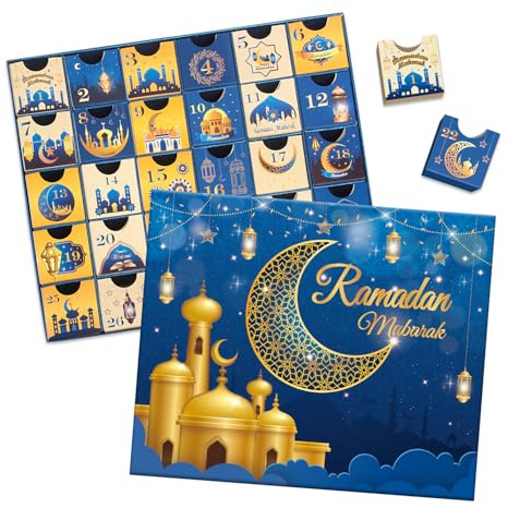Ramadan adventskalender med lådor, 30 tomma lådor för 30 dagar, Eid Mubarak nedräkningskalender fyllbar ramadan presentask, islamisk konst, kartongnummer förvaringsbox, ramazan festtillbehör - blå