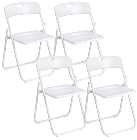 Baroni Home Set da 4 Sedie Pieghevoli con Struttura in Acciaio e PVC, Seduta Salvaspazio Richiudibile con Piedini e Maniglia, da Viaggio, Cucina, Soggiorno, Camera da Letto, 74x43x49 cm, Bianco