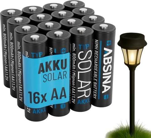 ABSINA 16 x solcellsbatteri AA uppladdningsbart 800 mAh 1,2 V NiMH – Mignon AA solbatterier för solcellslampor – solcellsbatterier AA med låg självurladdning – batteri solbatteri, batterier för