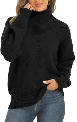 JFAN Pull Col Roulé À Manches Longues Femme Hiver Pull Vintage en Maille à Losanges Chaud Casual Noir M