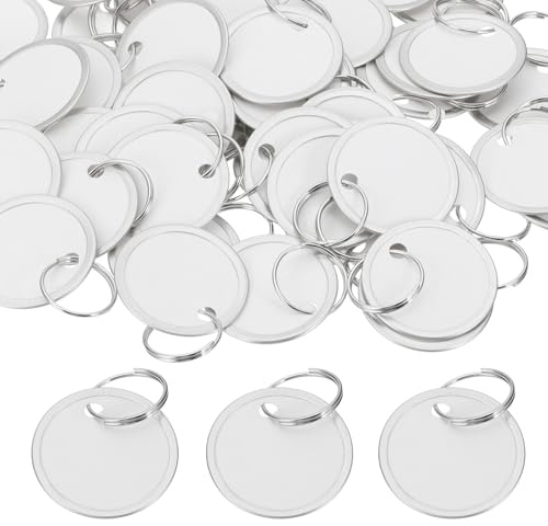 PATIKIL 1.2 Inch Metal Rim Key Tags 50 Pack Blank Round Paper Tags Bulk Writable Keychain Identifiers with Split Rings for Car Door Drawer Key Luggage Pet, Silver/White