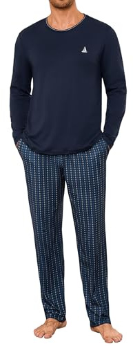 Jahetuul Men's Pyjamas Sets Cotton Long Sleeve Pjs for Men Loungewear Set Solid Top and Plaid Bottoms Nightwear with Pockets S-4XL