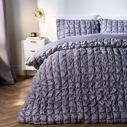 OHS Grey Bedding Double Duvet Set, Ultra Soft Warm Cosy Filled Seersucker Duvet Cover Luxury Plain Dye Textured Crinkled Quilt Cover Bedding Double Bed Set with Matching Pillowcases