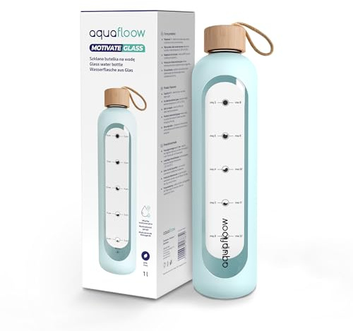 Aquafloow Bouteille d'eau en Verre Avec Horaire, Gourde 1 litre, Bouteille verre à eau Avec Bouchon Bambou étanche, Idéale Sport, Bureau, Voyage- Bleu clair