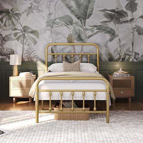 Yaheetech 3ft Single Bed Frame Vintage Iron Platform Bed with High Headboard and Footboard, Strong Metal-Framed Bed with Storage Antique Gold