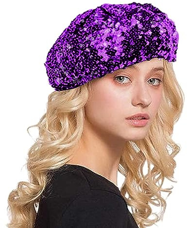 Generisch Glitzer Hut Damen - Pailletten Mütze Party Baskenmütze Silber Faschingsmütze Disco Partyhüte Paillettenmütze Karneval Kostüm Zubehör Barett Faschingshut Glitzernd Glänzend Cap, Lila