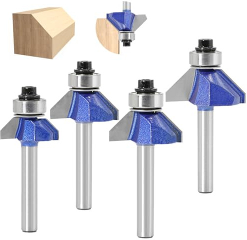 4 stycken 6 mm skaft 45 graders fasfräs hårdmetall monterade kanter formande fräs för snickeri avfasning träbearbetning trimning, med startkullager