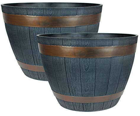Rustic Style Dark Grey Plastic Half Barrel Cask Planters 38cm Diameter - Set of 2 - Indoor & Outdoor Flower/Plant Pot.