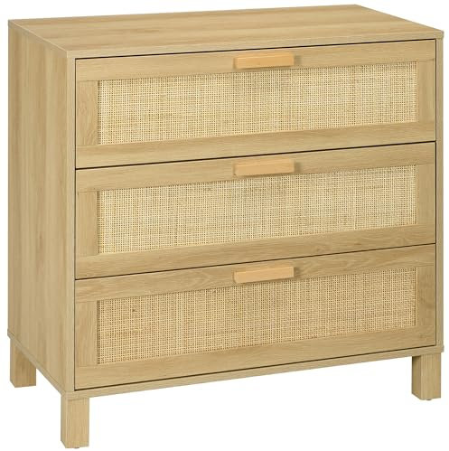 HOMCOM Kommode Schubladenschrank mit 3 Schubladen, Rattanoptik, Beistellschrank mit Kippschutz für Wohnzimmer Schlafzimmer Natur 80 x 40 x 80 cm