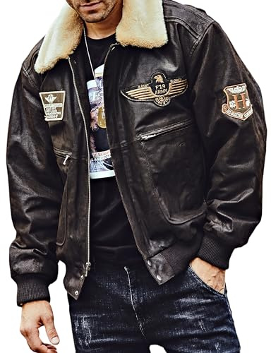 FLAVOR Men's Real Leather Bomber Jacket With Removable Fur Collar Aviator (Medium, Dark Brown, m)