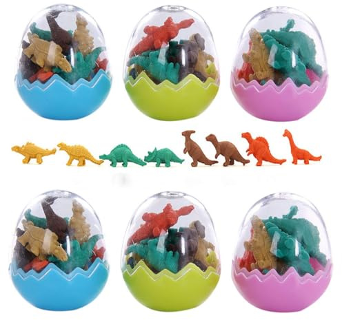 48 Pcs Mini Dinosaur Erasers with 6 Dinosaur Eggs for Party Favors Stocking Fillers Daily Prizes Gift Filling Stocking Fillers Easter Egg Stuffers