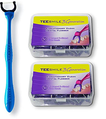 TEEsmile Evolutionary Clean Zahnseidenhalter，Aufsteckköpfe - Halter - Set (1 langer Halter, +100 gespannte Doppelseide-Aufsteckköpfe)