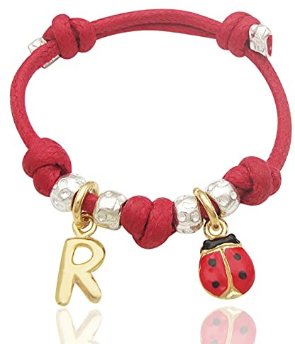 bracciale cordino rosso, granelli e ciondoli coccinella e lettera iniziale nome in argento 925. Regalo per bambino bambina (da 2 a 4 anni)