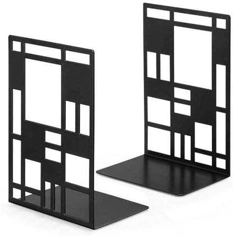 Hwtcjx Book Ends, Metal Bookends, Book Ends for Shelves, Non Skid No Rusting Book End, Unique Abstract Grid Designs Book Stopper for Home, Office, Library (Black, 1 Pair)