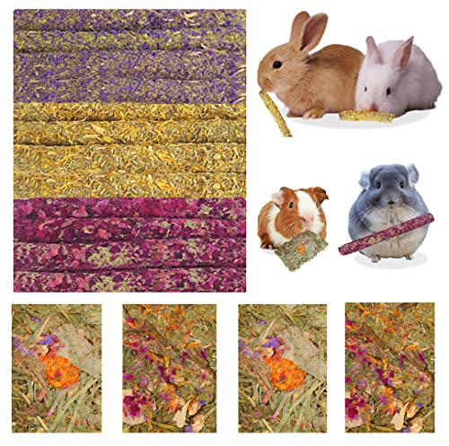 Abizoo 16 Packs Bunny Flower Chew Toys, Natural Rabbit Sticks + Herbal Floral Scent Timothy Hay Treats for Guinea Pig Chinchilla Hamster Rat Degus Gerbil Food Molar Cage Accessories Snack