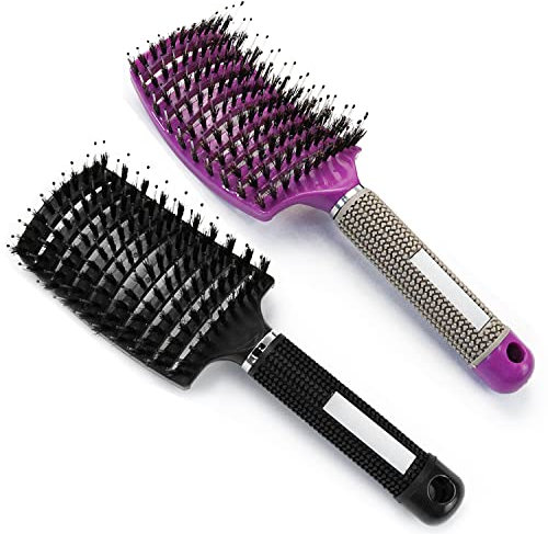 2 Stück Haarbürste (Schwarz und Lila) Mit Wildschweinborsten - Ohne Ziepen, Verteilt Haaröl, Glättet Frizz, Atmungsaktiv und Beschleunigt Das Trocknen