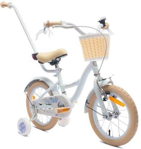sun baby Flower Bike Bicicleta Infantil para niña 14 Pulgadas, Desde 3 años, con ruedines, Barra de Empuje, Cesta, Timbre, Freno contrapedal y V-Brake (Azul Claro, 14 Pulgadas)