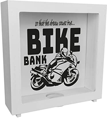 Salvadanaio in legno nero a tema di acquisto di moto e motociclismo, bel regalo per volpi salvadanai i sogni di un motociclista