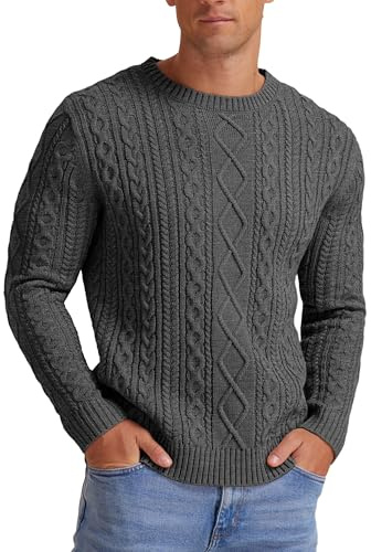 Hisir Men's Winter Cable Knit Jumpers Casual Crew Neck Thick Warm Long Sleeve Sweater Pullover Tops for Men UK (Dark Grey, L)