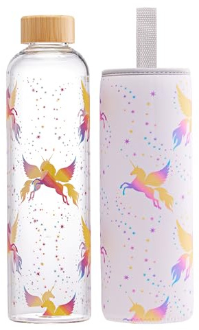 Autsel Artistic Glass Drinking Bottle 1000ml with Lid, Leak Proof Borosilicate Water Bottle with Protection Sleeve, Fine Gifts for Girls and Women