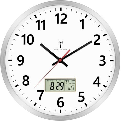 Foxtop Wanduhr Funk Analog 30cm Digitale Wanduhr mit Temperatur und Datum LCD-AnzeigeUhr für Küche, Wohnzimmer, Silber