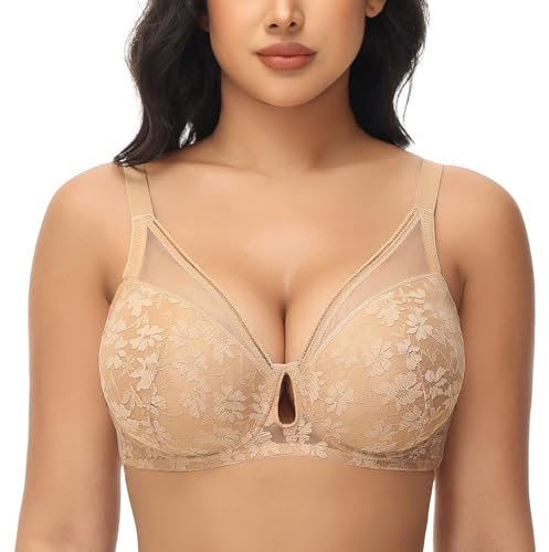 FallSweet Push Up Lace Bras for Women Underwired Padded Add one Cup Sexy Bra(Beige,38B)