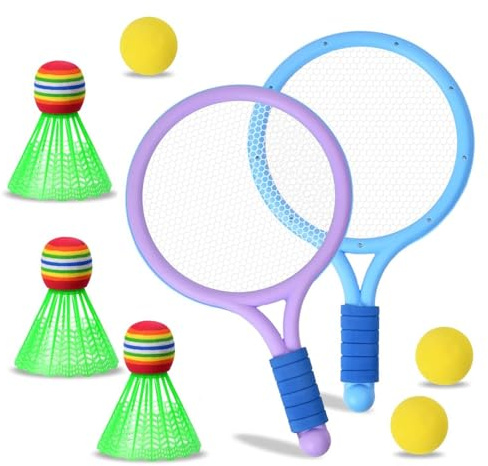 Kid Tennis Racket Sets, 2 Tennis Rackets with3 Badminton ball and 3 Soft Tennis Ball for Boys Girls Leisure Sport Tennis Badminton Beach Outdoor Training Play