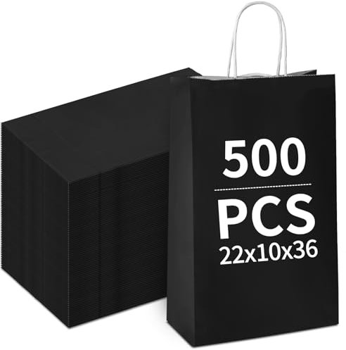 Papiertüten Bunt, Papiertüten mit henkel, Candy Tüten zum Verpacken von Kindergeburtstag, Party, Geschenken, Hochzeiten, Feiern (Schwarz-22x10x36cm-500pcs)