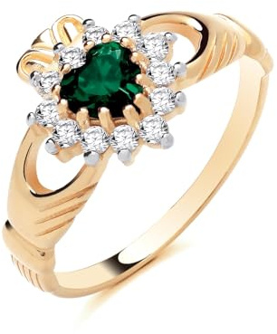 Old English Jewellers 9ct Yellow Gold on Silver Emerald & CZ Irish Claddagh Ring Love Loyaly & Freindship size J to U