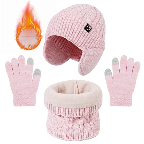 TAGVO Gorro Bufanda Guantes invierno Set para Niños 4 a 10 Años, 3-in-1 Gorro de punto Bufanda de lana Guantes de Táctiles Sets Niños, Sombreros de Invierno con orejeras Sets para niños y niñas