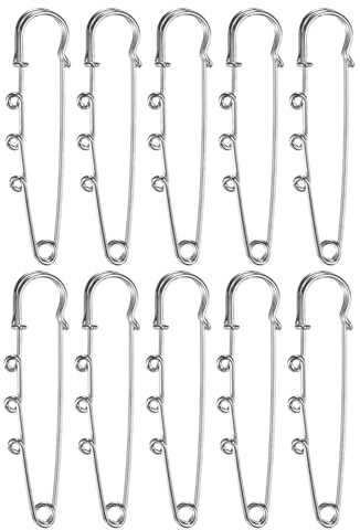 M METERXITY 10-Pack Grandes Épingles De Sécurité 2.56 Pouces/65mm Épingles À Broche Métalliques Plaquées avec 3 Boucles pour DIY Vêtements/Couvertures/Jupes, Épingles [Ton Argenté]