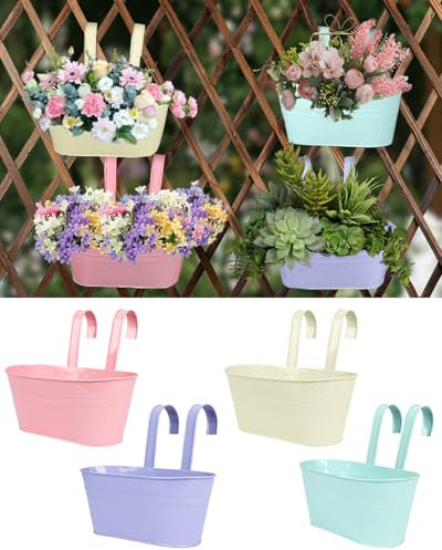 4 Pcs Iron Hanging Flower Pots, Large Metal Iron Hanging Plant Pots for Railing with Detachable Hook, Hanging Flower Bucket Indoor/Outdoor, Fence Hanging Planters for Balcony Garden Fence Home Decor