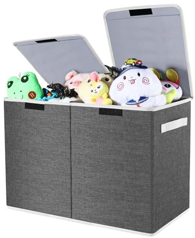 Modojuny Foldable Toy Storage Box with Lid & Handle - Large 600D Oxford Fabric Organiser Chest with Divider (57.5x29.5x39.5cm) for Kids' Toys, Clothes, Nursery | Grey