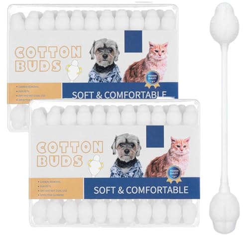 JYNVO 110 Cotons-Tiges pour Chien, Grande Tête en Calebashe, Boîte Carrée, Pets pour Nettoyage et Soin Oreilles des Chiens et Chat